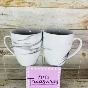 H2K Home To Kitchen MARBLE Design White Gray 14oz Porcelain Cup Mugs Set of 2